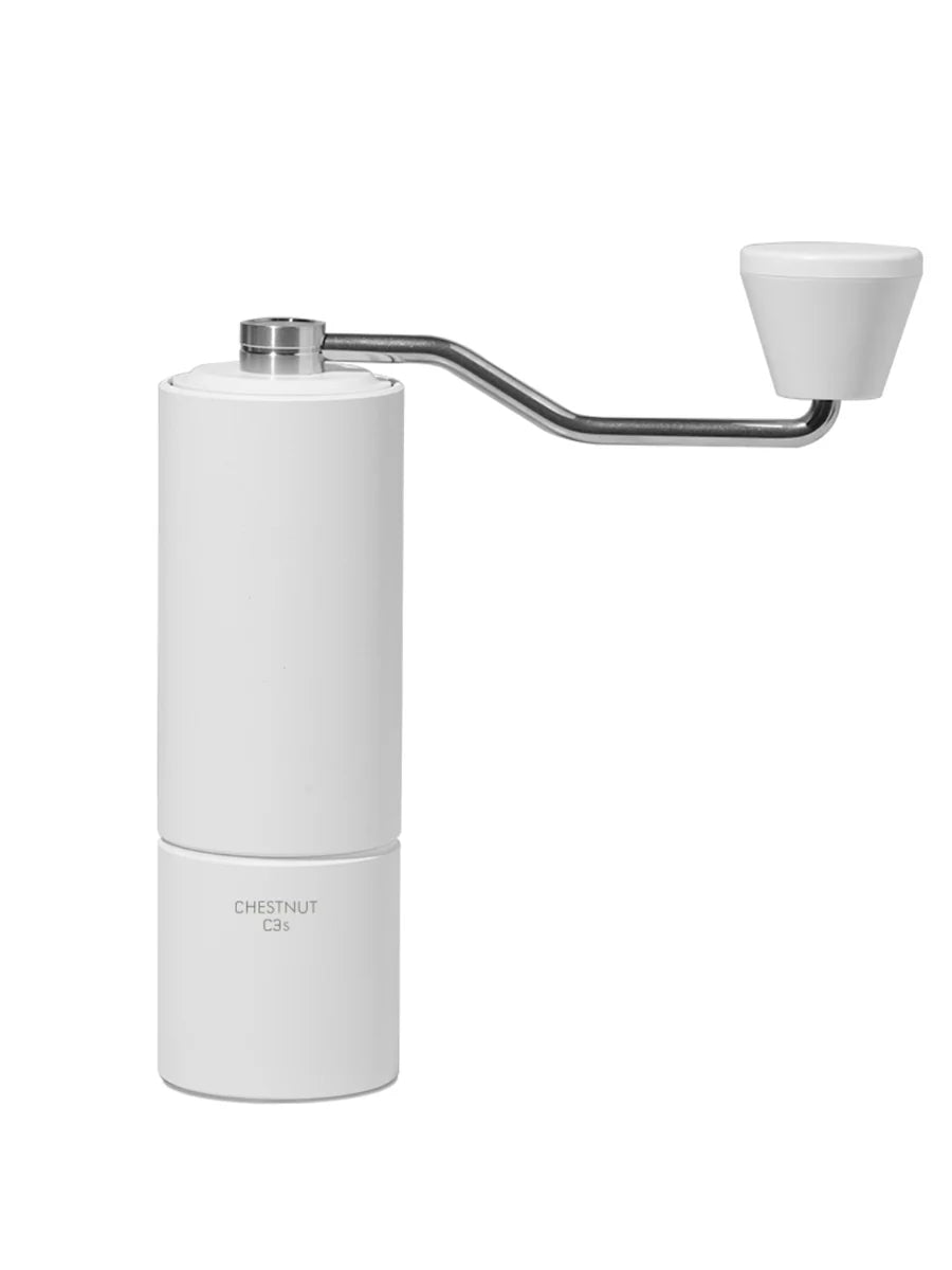 a white coffee grinder, matte with a removable handle